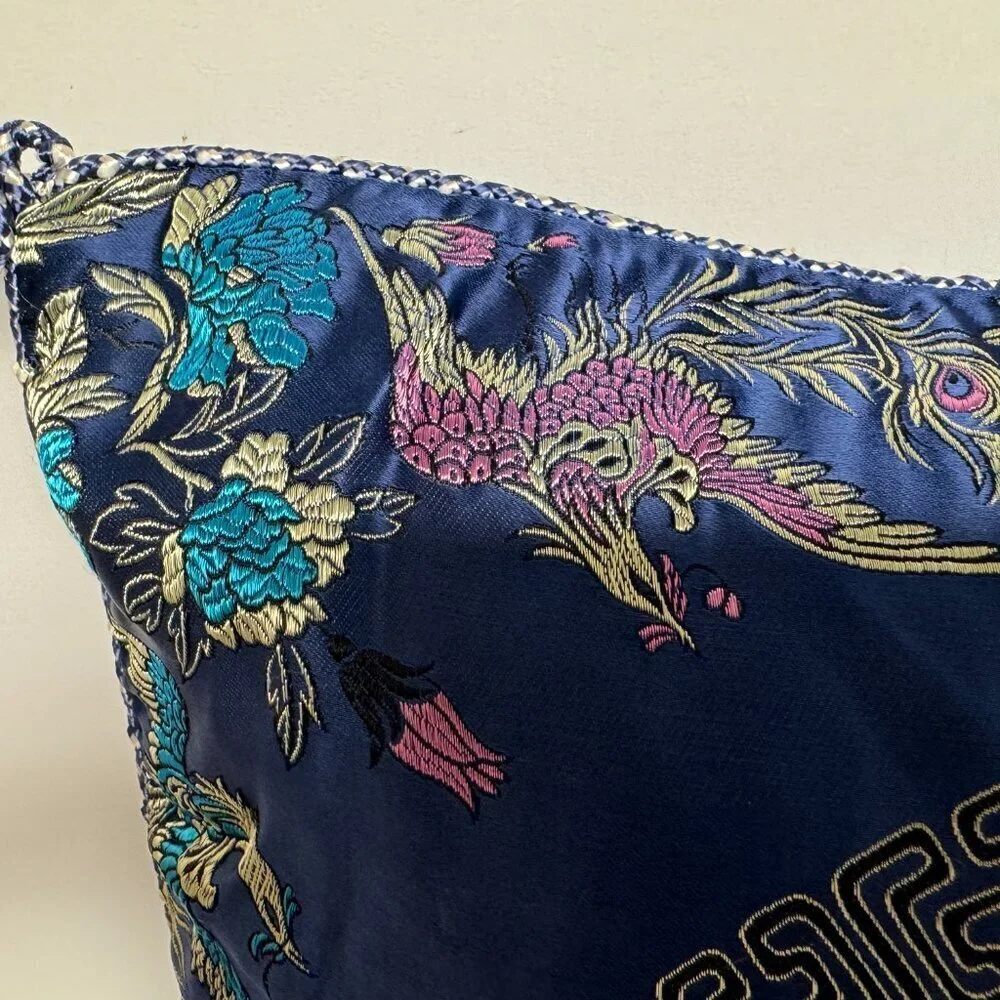 Like NEW  Vintage Asian Pillow Case Cover  Satin Blue
